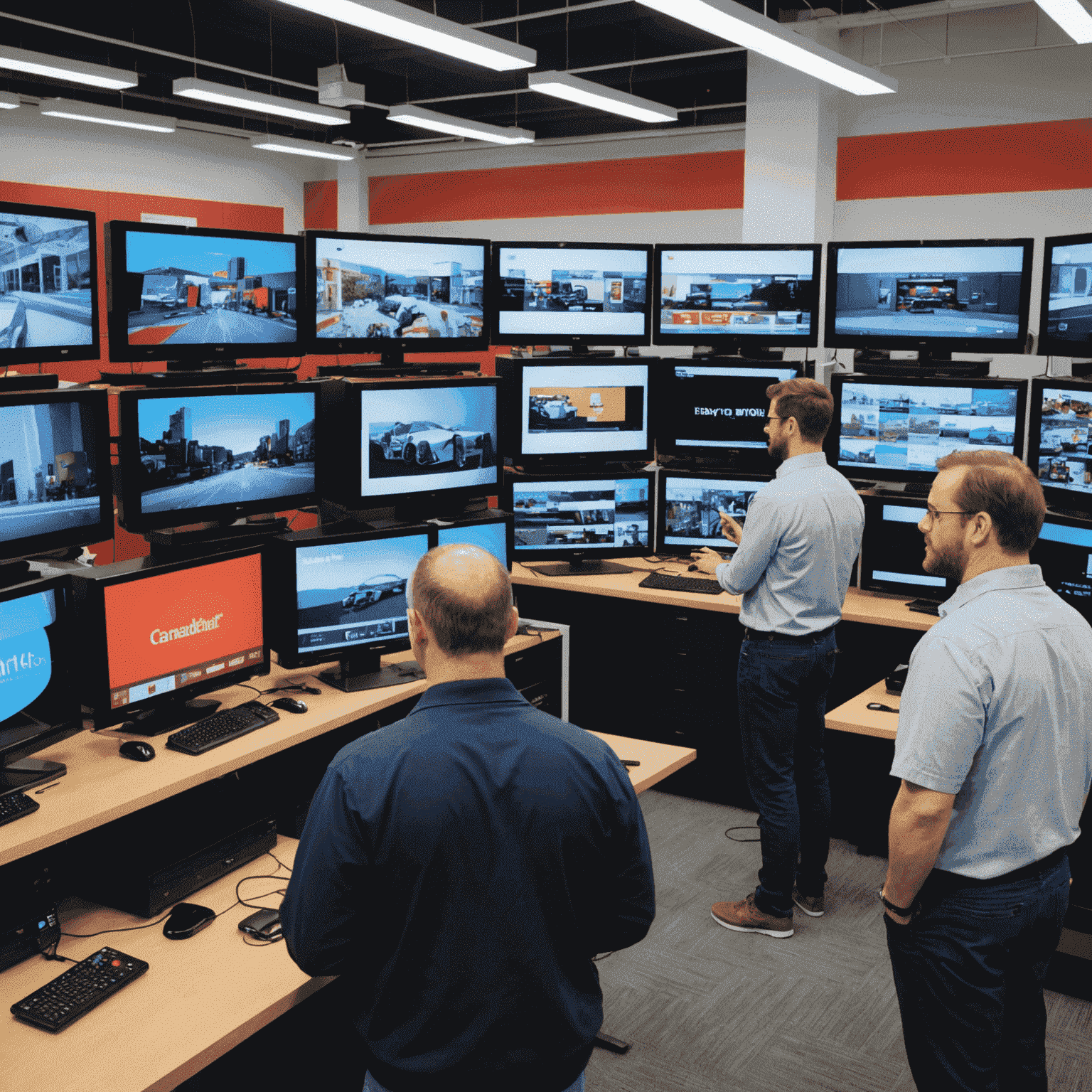 The 1win Tech Store team in their Canadian office, surrounded by various TV models and testing equipment. The image shows a diverse group of experts examining different TVs, highlighting our commitment to thorough testing and review processes.