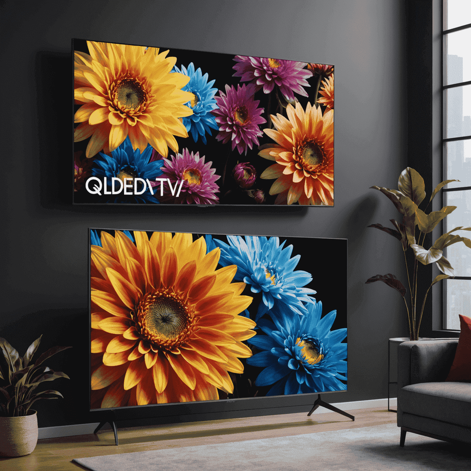 Side-by-side comparison of OLED and QLED TV displays showing vibrant colors and deep blacks