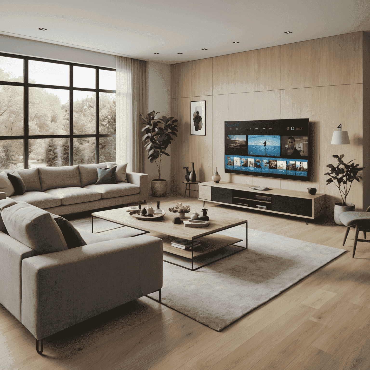 A living room with a large TV mounted on the wall, showing various viewing distances marked on the floor