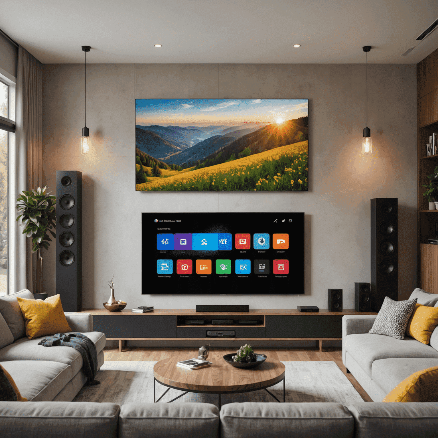 A modern living room with a large smart TV mounted on the wall, showcasing a vibrant home theater setup with surround sound speakers