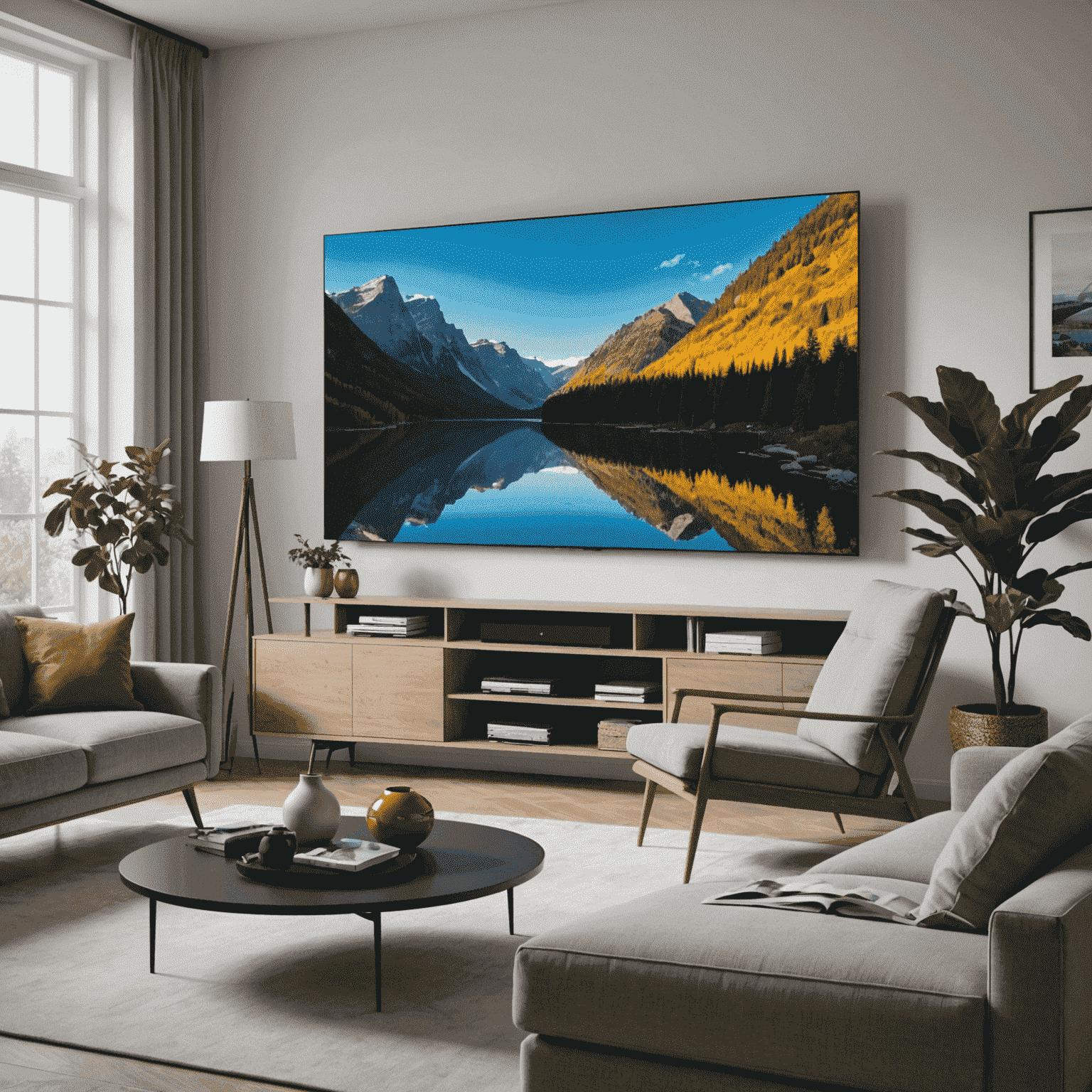 A modern living room setup with a large OLED or QLED TV as the centerpiece, showcasing its slim design and picture quality