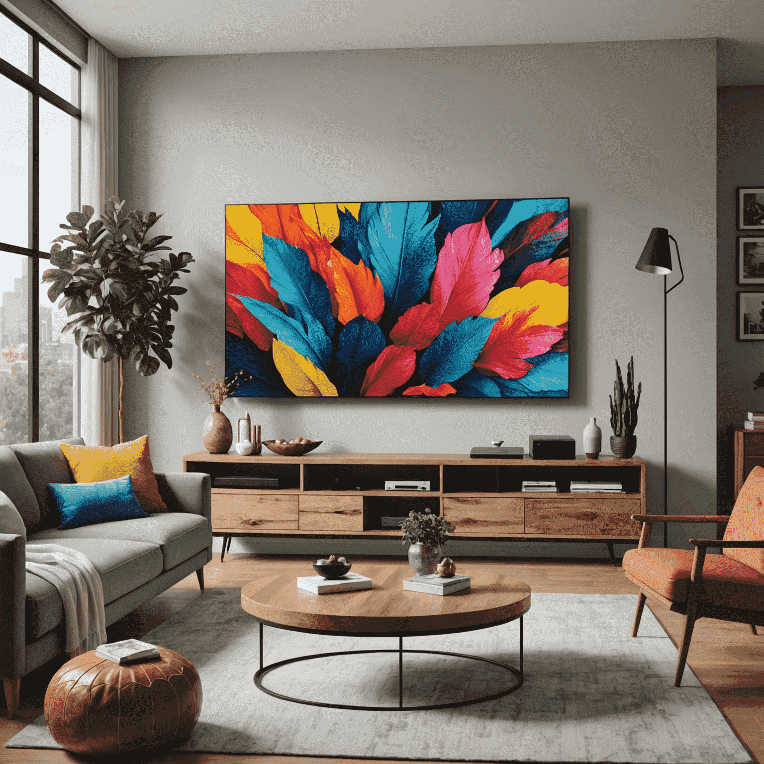 Living room setup with a large 4K TV showcasing vibrant colors and sharp details