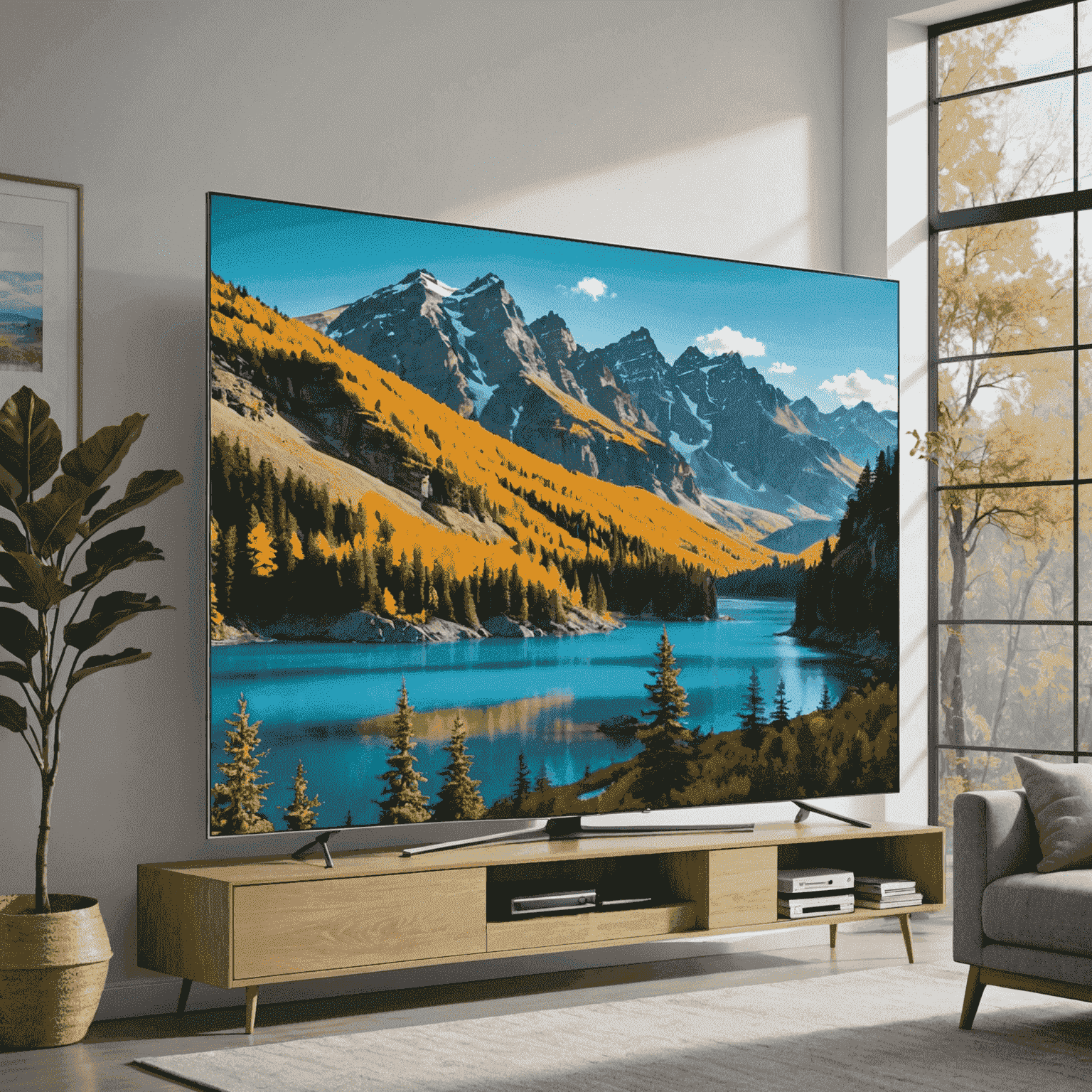 Samsung QLED TV showcasing bright, vivid colors while displaying a nature scene in a well-lit room