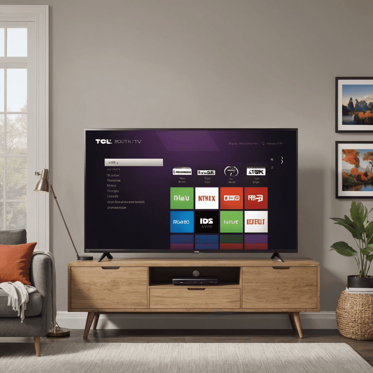 TCL Roku TV in a family room setting, highlighting its affordable yet feature-rich design